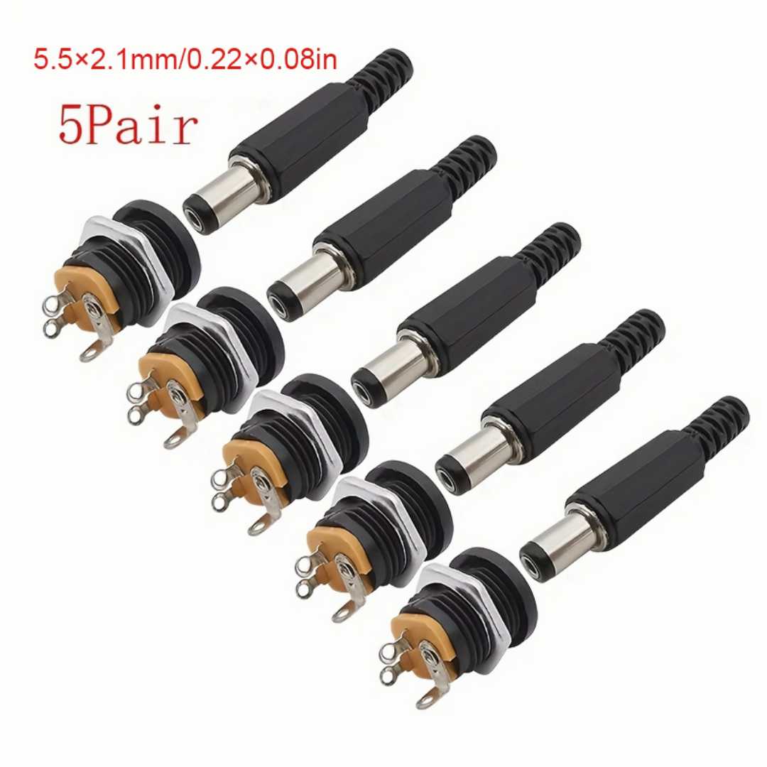 DC,Male,Jack,Power,Connector,Plug,and,DC,Female,Socket,With,Nut,-,5,Pair