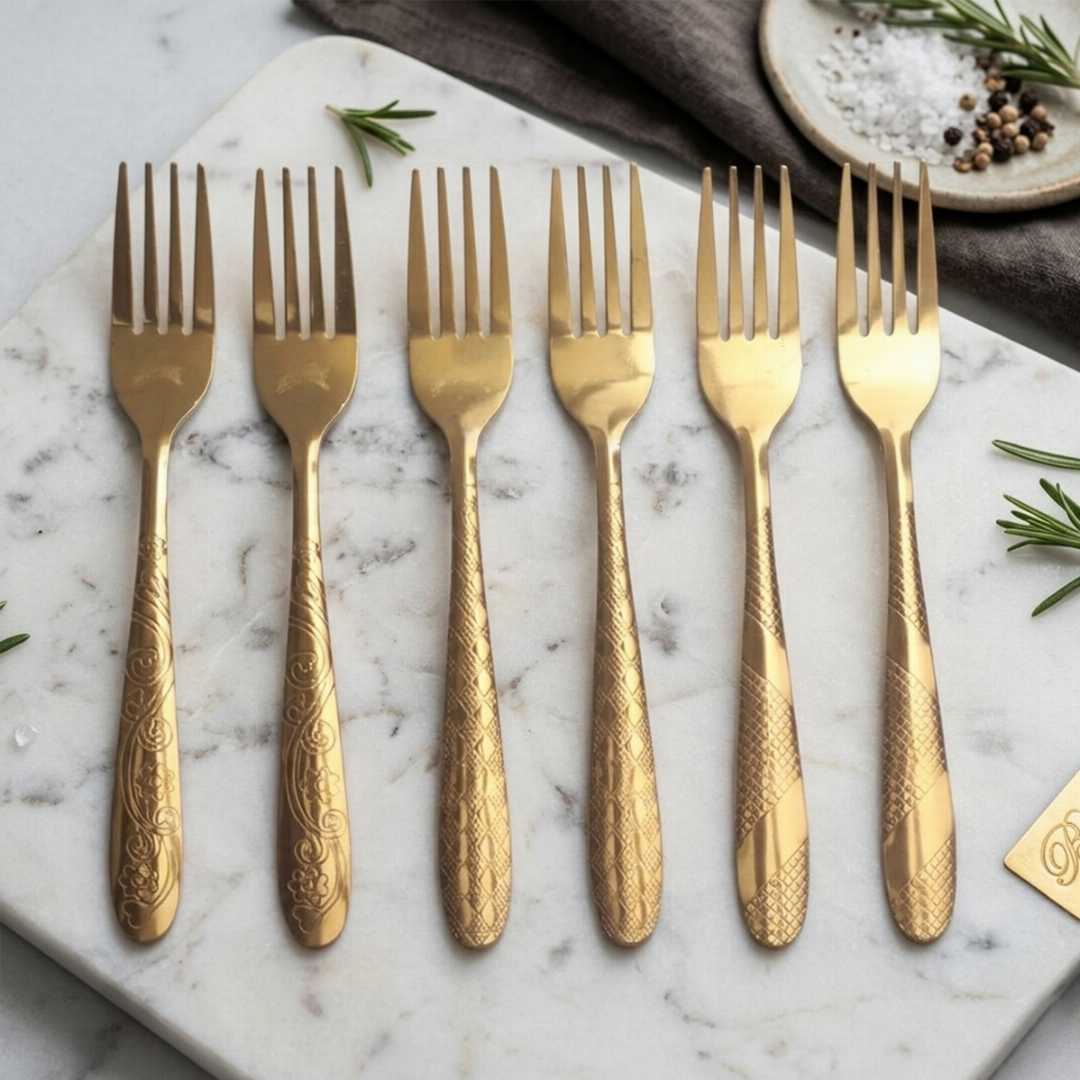 6-Piece,Golden,Stainless,Steel,Fork,Set,–,Printed,Design,|,Random,Design