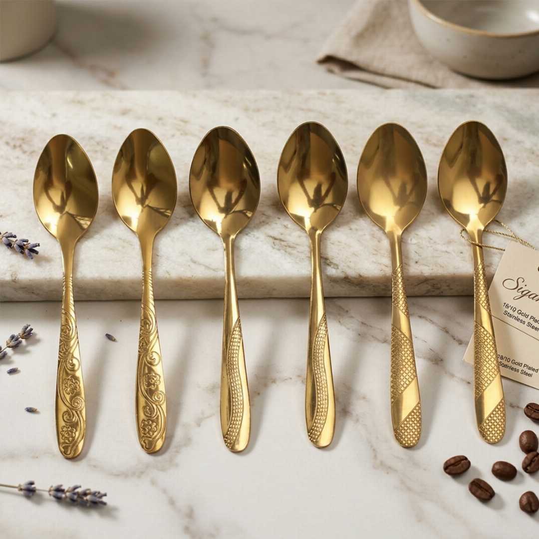 Gold,Color,6,Piece,Tea,spoon,half,Steel,Spoon,Set,-,Cutlery,Set,Multi,Design,(random,design)