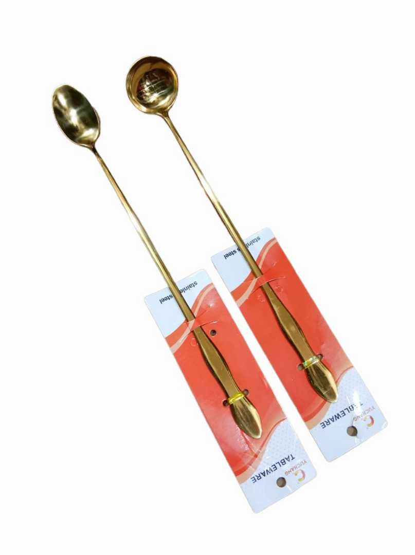 Steel,Long,handle,Pickle,Spoon,Round,and,Oval,shape,(26cm),2,pc,set,(Golden)