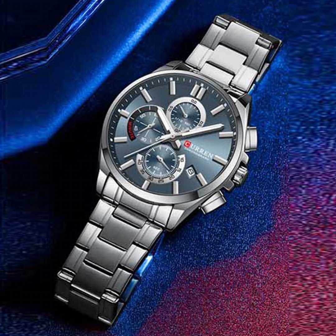 CURREN,8475,Stainless,Steel,Luminous,Chronograph,Watch,For,Men,–,Silver,Blue