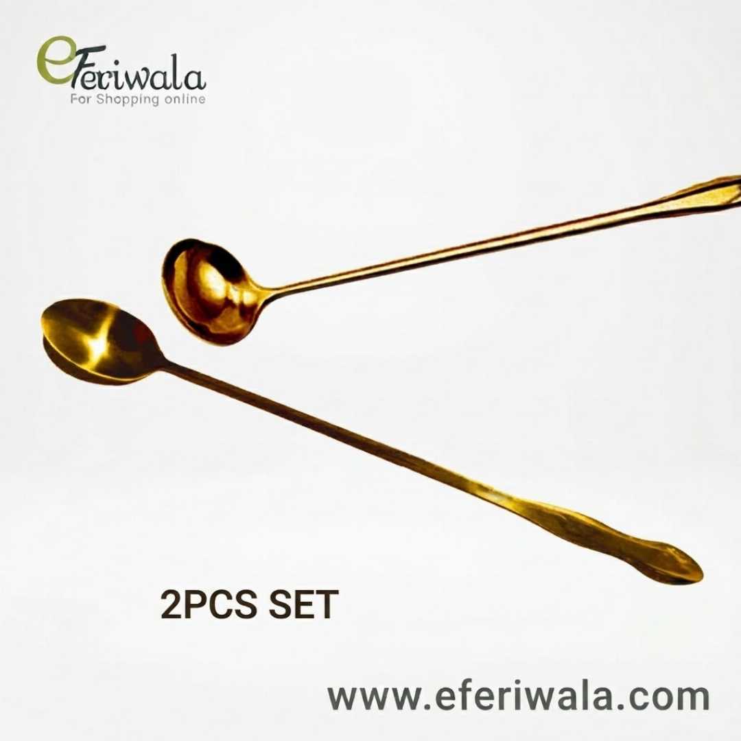 Golden,Steel,Long,handle,Pickle,Spoon,Round,and,Oval,shape,(26cm),2,pc,set